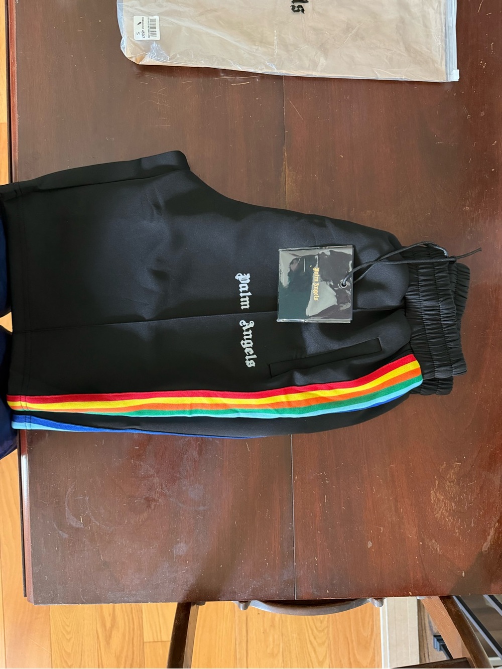 Palm Angels Black Track Pants with Multicolor Rainbow Stripes